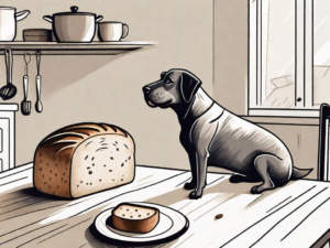 A curious dog sitting next to a loaf of pumpernickel bread on a kitchen table