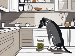 A curious dog sniffing a jar of relish placed on a kitchen counter