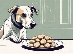 A curious dog sitting in front of a plate of shortbread cookies