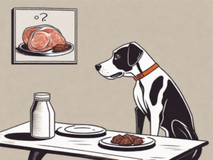 A curious dog looking at a plate of seasoned meat on a table