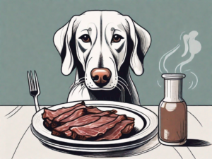 A curious dog sitting next to a plate of smoked meat