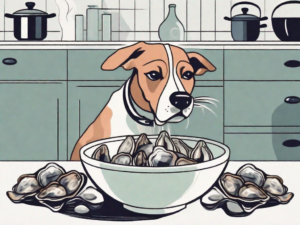 A curious dog sniffing at a bowl filled with smoked oysters