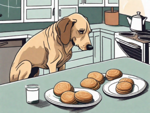 A curious dog sniffing a plate of snickerdoodles on a kitchen table