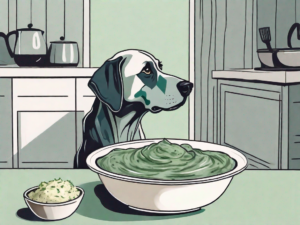 A curious dog sitting next to a bowl of spinach and artichoke dip