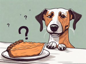 A curious dog sitting in front of a slice of sweet potato pie on a table