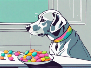 A curious dog sniffing at a bowl of colorful sweet tarts on a table