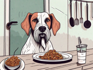 A curious dog sitting in front of a plate of taco meat