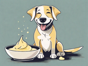 A happy dog sitting next to a bowl of vanilla custard