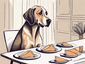 A curious dog sitting next to a plate of tofurkey slices