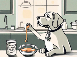 A curious dog looking at a bowl of yum yum sauce