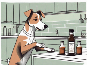 A curious dog looking at a bottle of worcestershire sauce placed on a kitchen counter