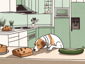 A curious dog sniffing a loaf of zucchini bread on a kitchen table