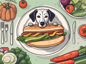 A happy dog sitting in front of a plate with a vegetarian hot dog on it