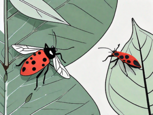 A boxelder bug on a leaf with a curious dog observing it from a distance