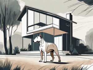 A bull terrier attentively standing guard in front of a house