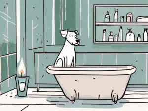 A worried dog looking at a lit bath and body works candle from a safe distance