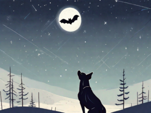 A curious dog looking up at a bat flying in the night sky