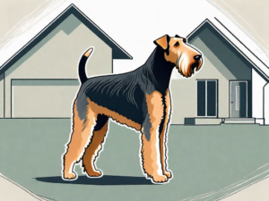 An airedale terrier dog alert and in a protective stance