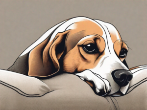 A beagle comfortably curled up on a large