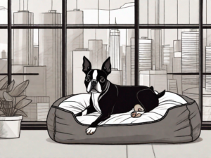 A boston terrier comfortably lounging on a plush dog bed in a cozy