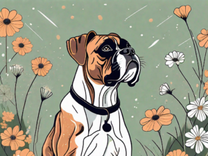 A boxer dog playing in a field of flowers