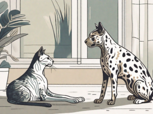 A catahoula leopard dog curiously sniffing a relaxed cat